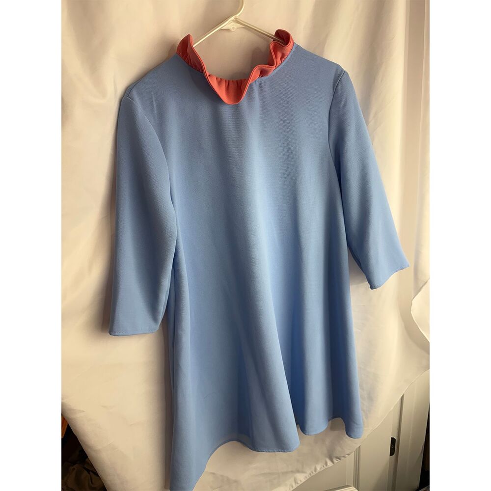 Pomander Place Dress S Blue Coral Ruffle Scarf Tie 3/4 Sleeve Shift Retro